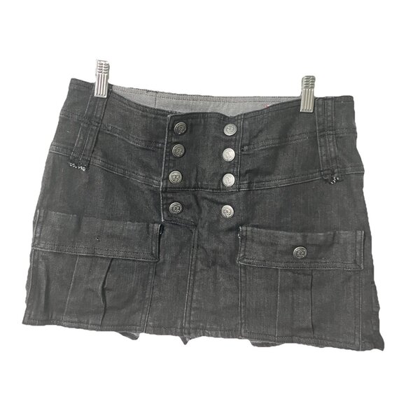 Y2K DC Micro Mini Eva Skirt Womens 29 Black Denim Ruffle Skate 2000s Cargo - Picture 1 of 10